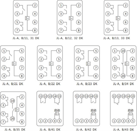 JL-A、B/35 DK無輔源電流繼電器內部接線及外引端子圖(正視圖) JL-A、B/35 DK無輔源電流繼電器內部接線及外引端子圖(正視圖)
