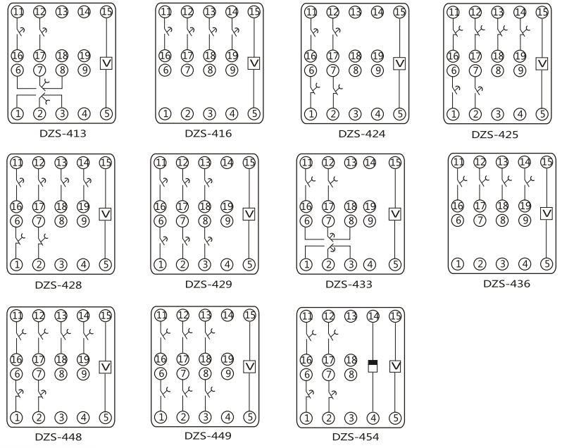 DZS-433中間繼電器內部端子外引接線圖(正視)